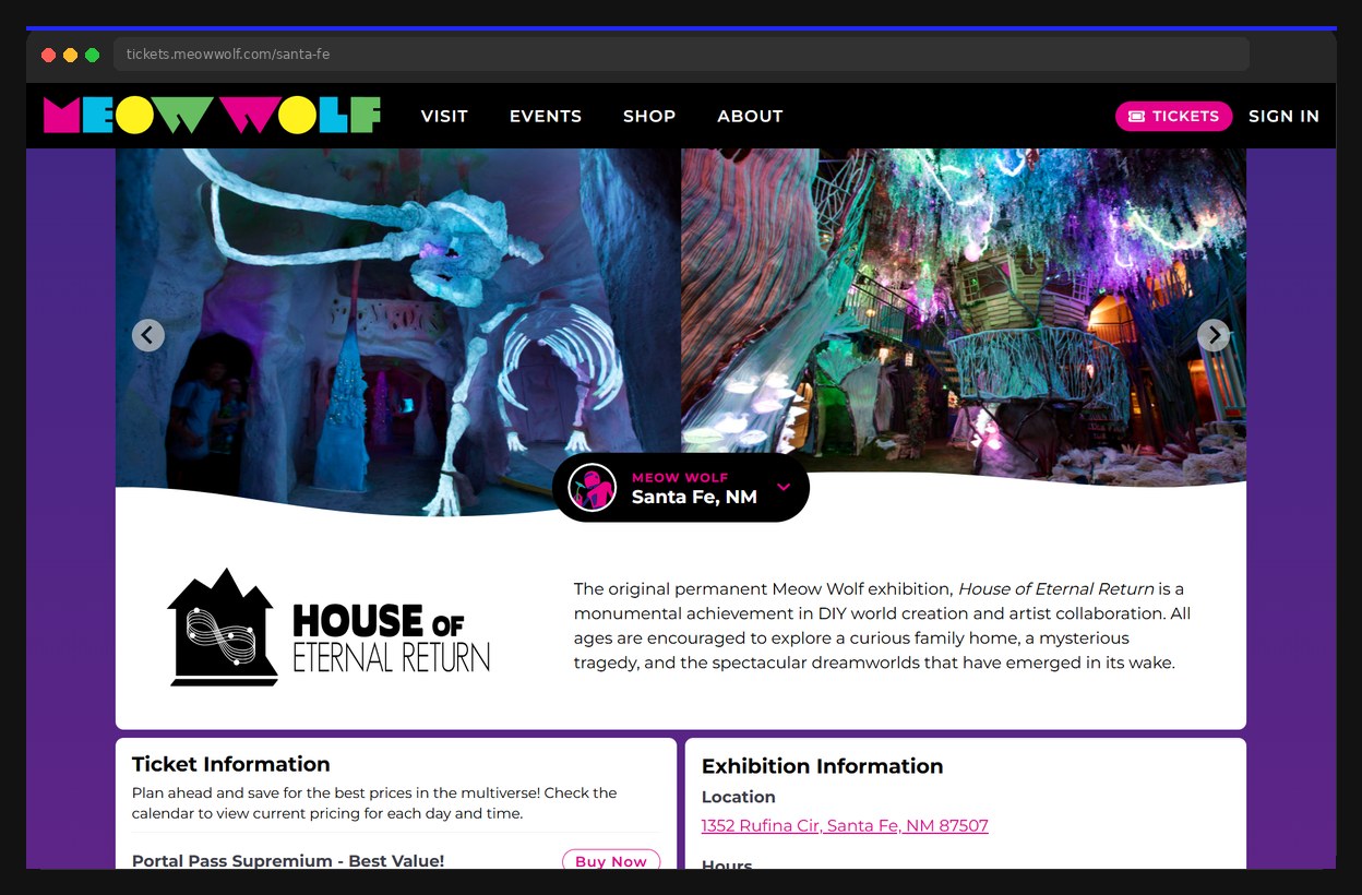 Meow Wolf ticketing website